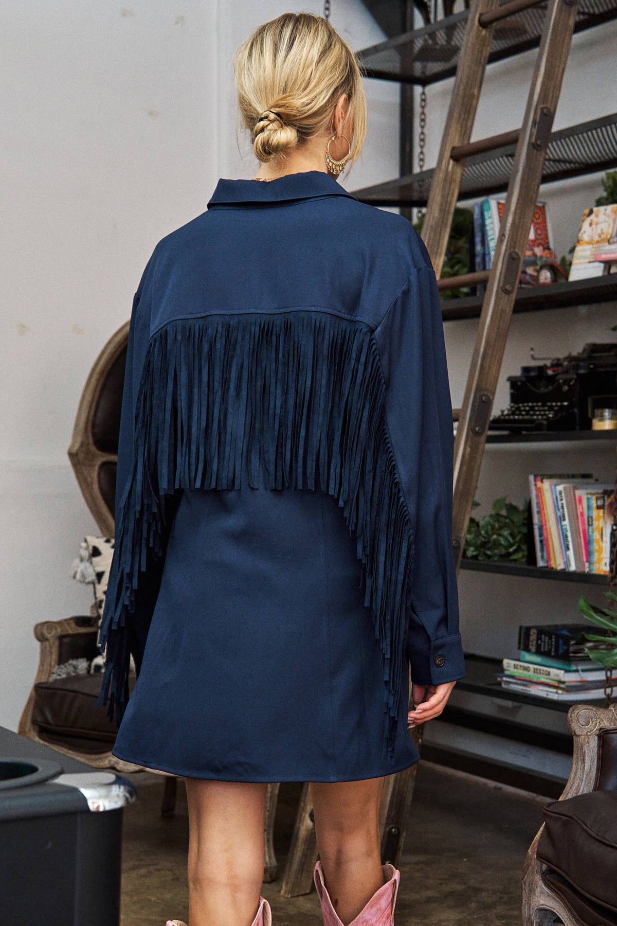 Western Fringe Trim Woven Shirt Dress JJD5017: NAVY / M