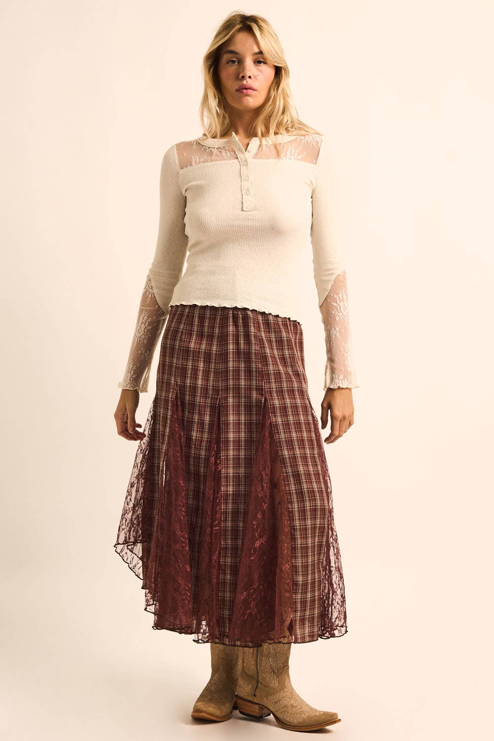Plaid and Lace Godet Pleated A-Line High-Waist Maxi Skirt: Chocolate / M