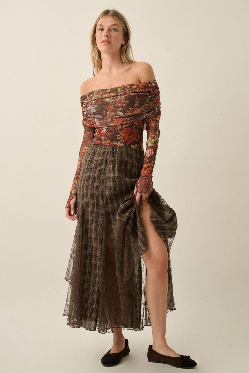 Plaid and Lace Godet Pleated A-Line High-Waist Maxi Skirt: Chocolate / S