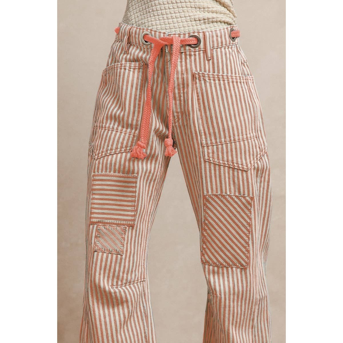 STRIPED TWILL BARREL PANTS: OATMEAL / S-M-L-XL(2-2-2-2)