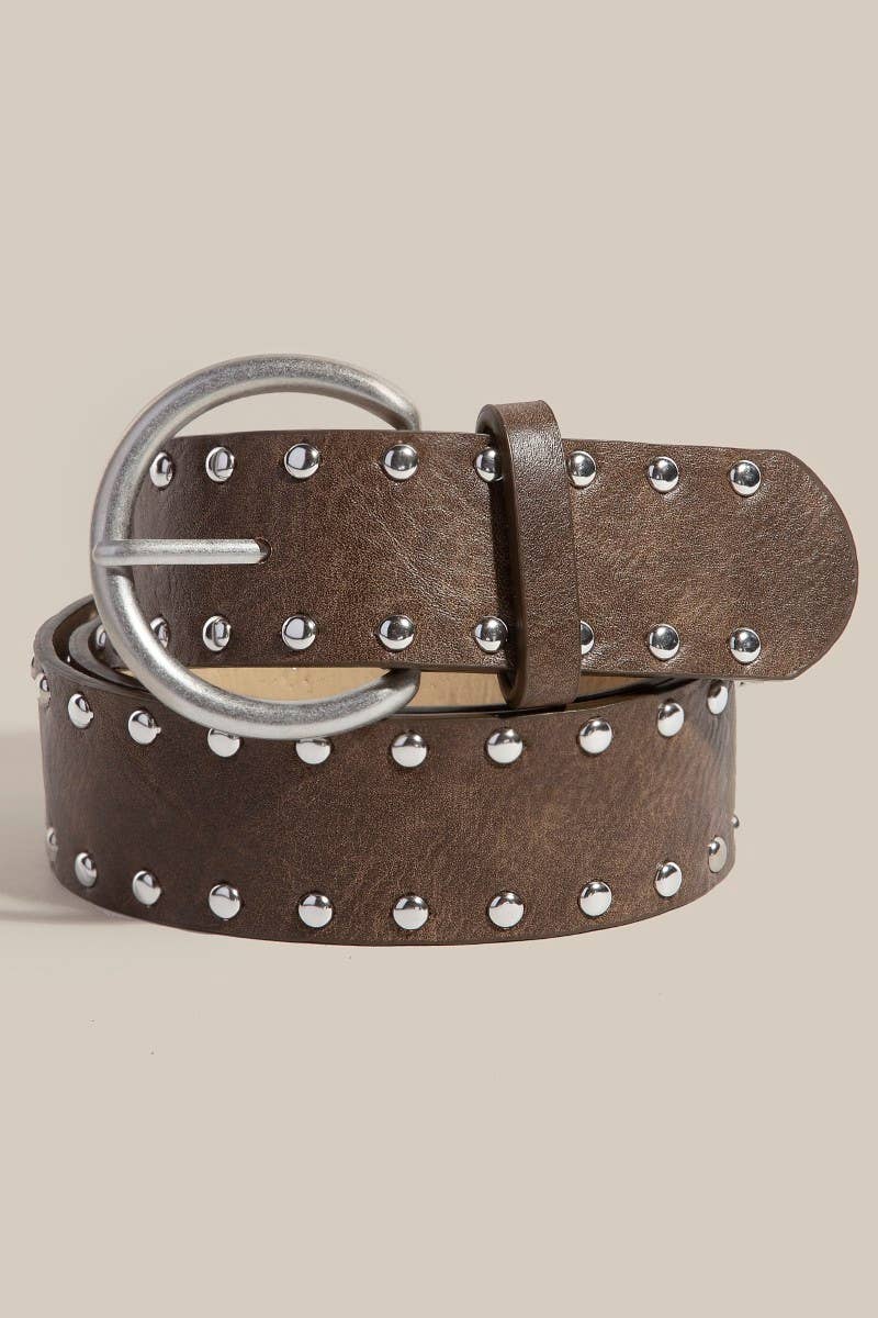 Metallic Studded Vegan Leather Belt: Brown / Silver
