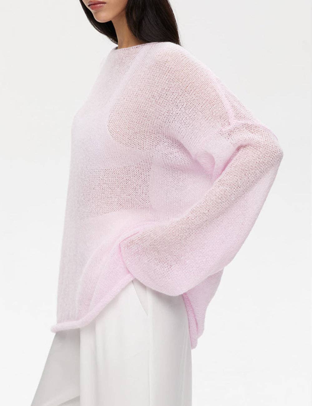 Ladies Solid Color Hollow Knit Top MY0106: Light Pink / S