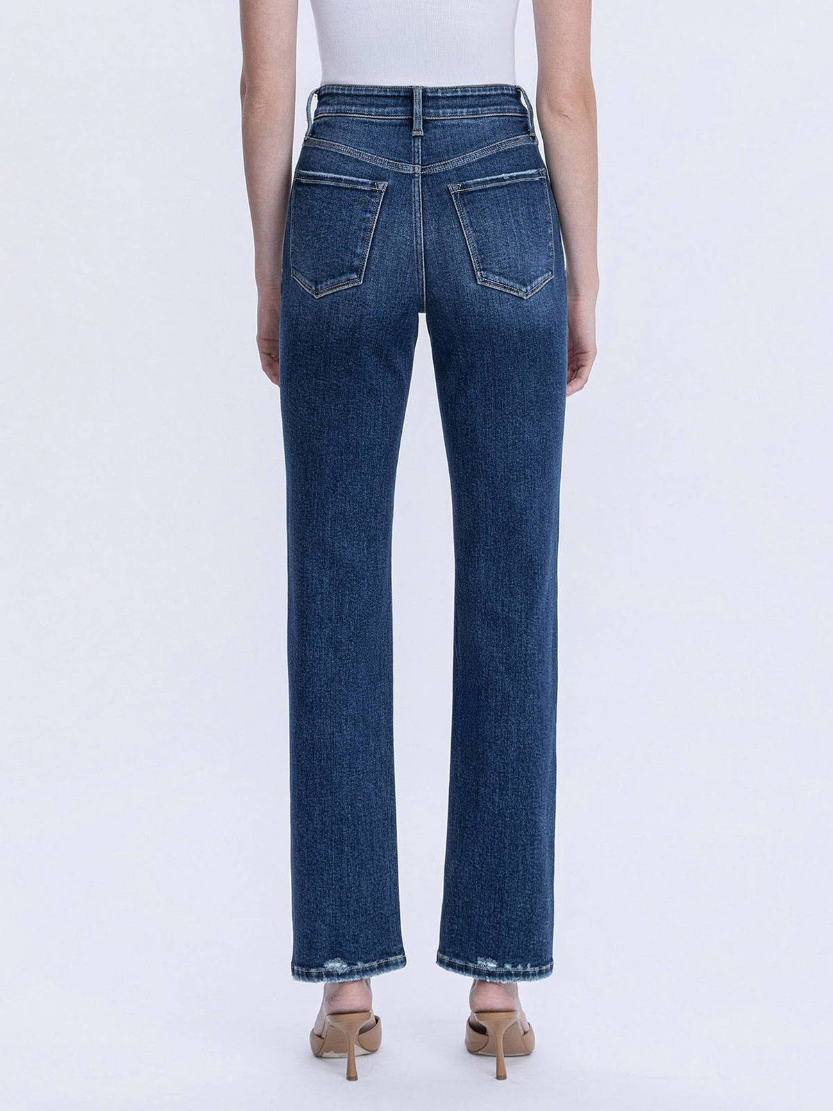 HIGH RISE FULL LENGTH DARK WASH STRAIGHT JEANS T7012: CELESTIAL GLOW / 30