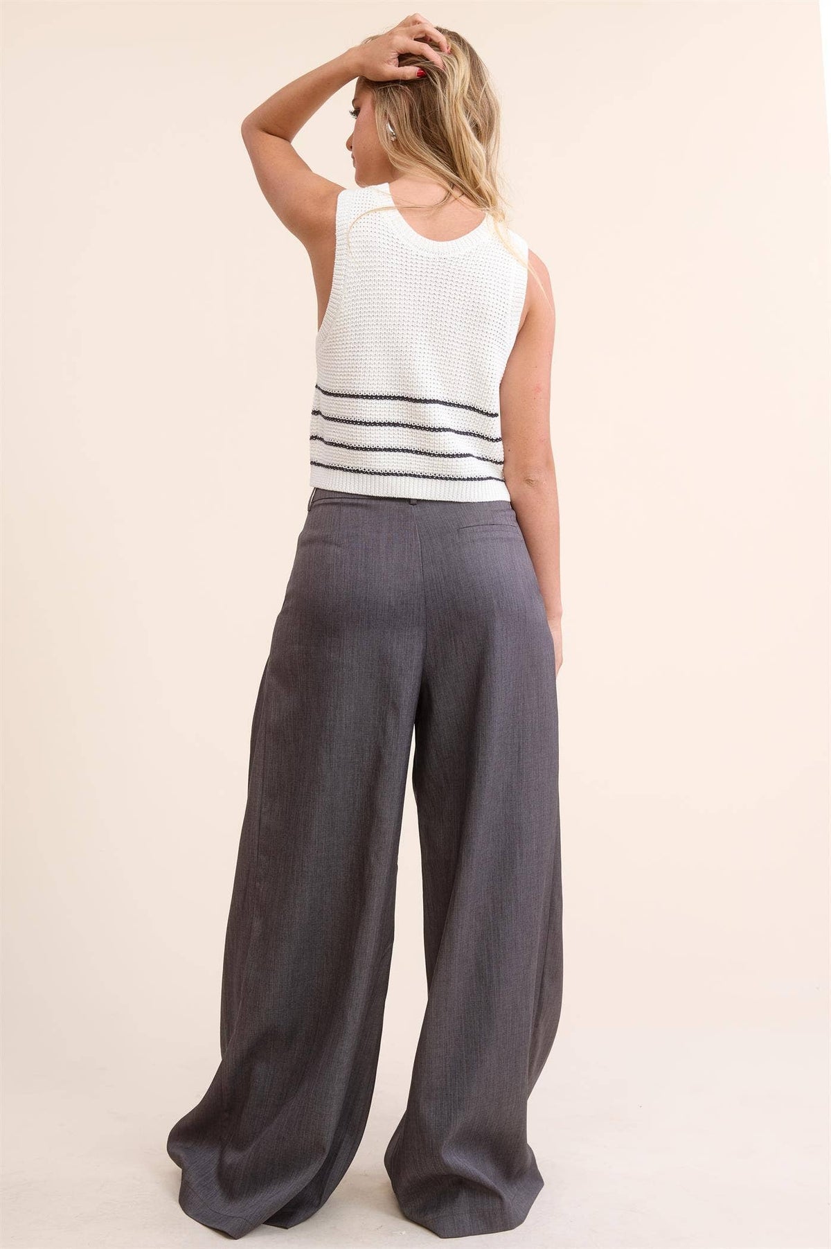 Trendy Low Waist  Wide Leg Pleated Trouser Pants: BEIGE / M