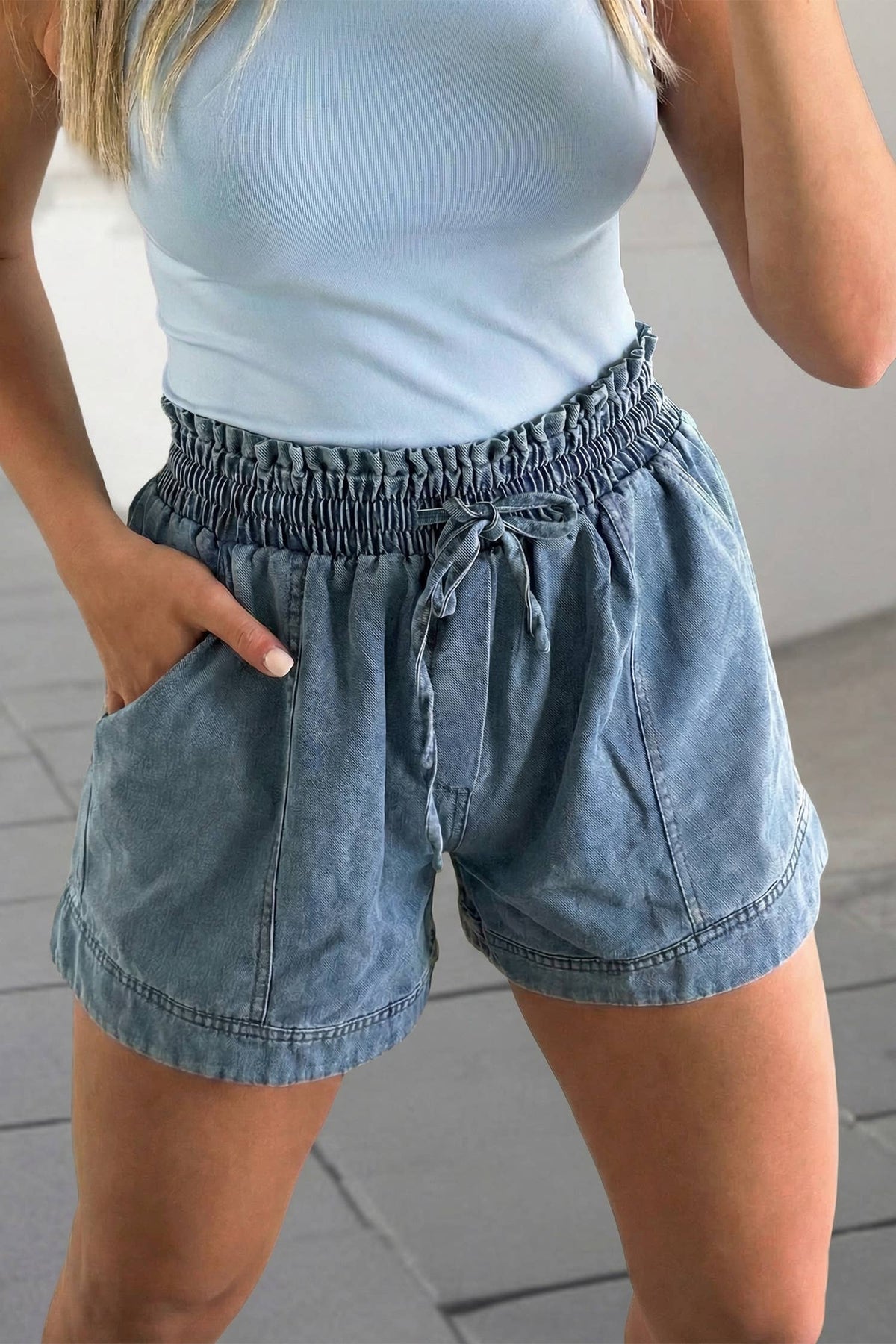 Smocked Elastic Waist Denim Shorts | S-XL : Dusk Blue / 12