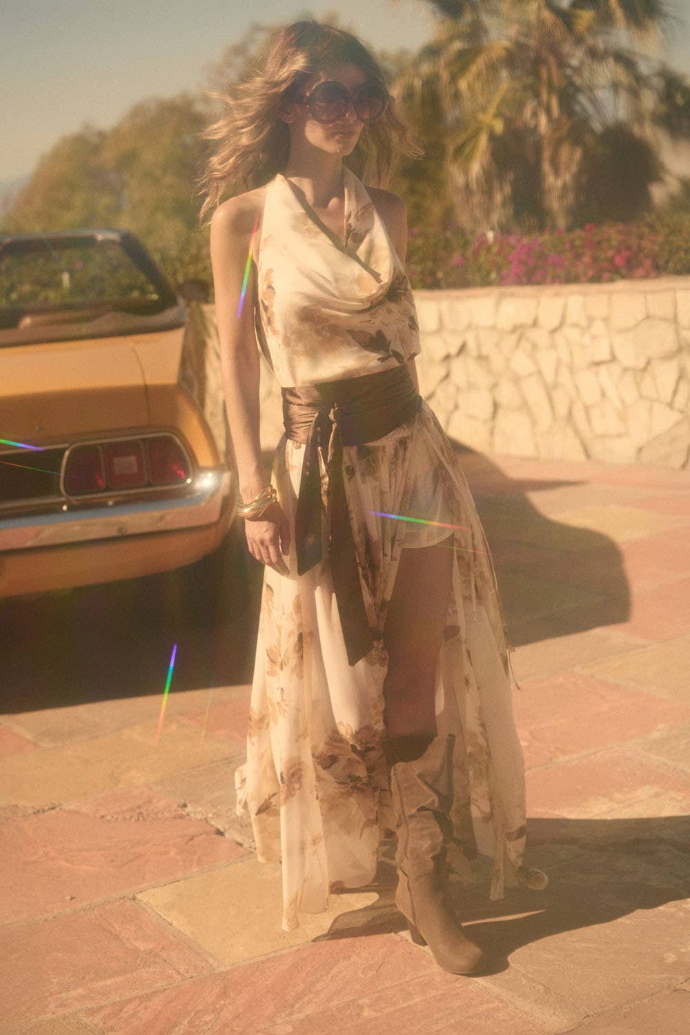 Floral-Print Chiffon Tie-Waist Maxi Skort: Retro Blue / M