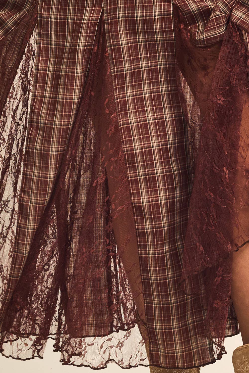 Plaid and Lace Godet Pleated A-Line High-Waist Maxi Skirt: Chocolate / S