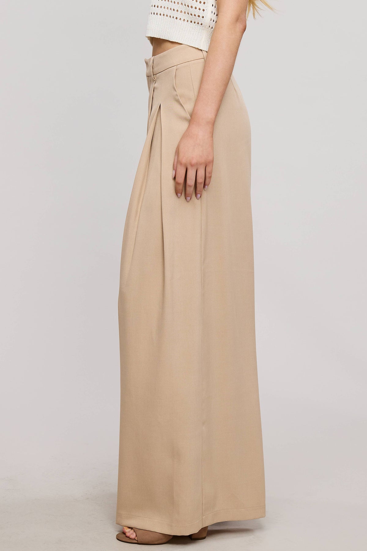 Trendy Low Waist  Wide Leg Pleated Trouser Pants: BEIGE / L