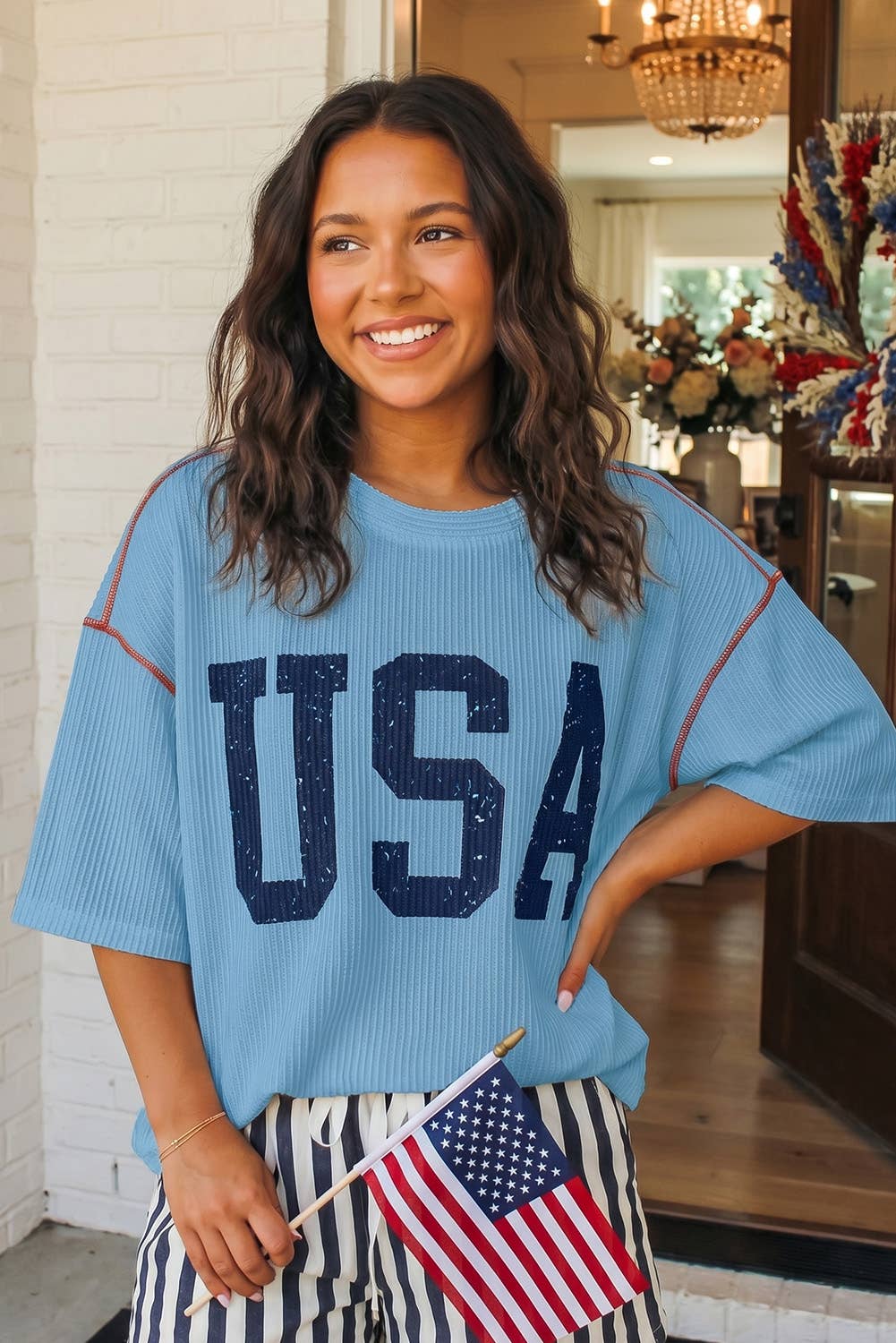 LAS USA Graphic Half Sleeve Loose Ribbed Top (S-XL): Fiery Red / Missy / L