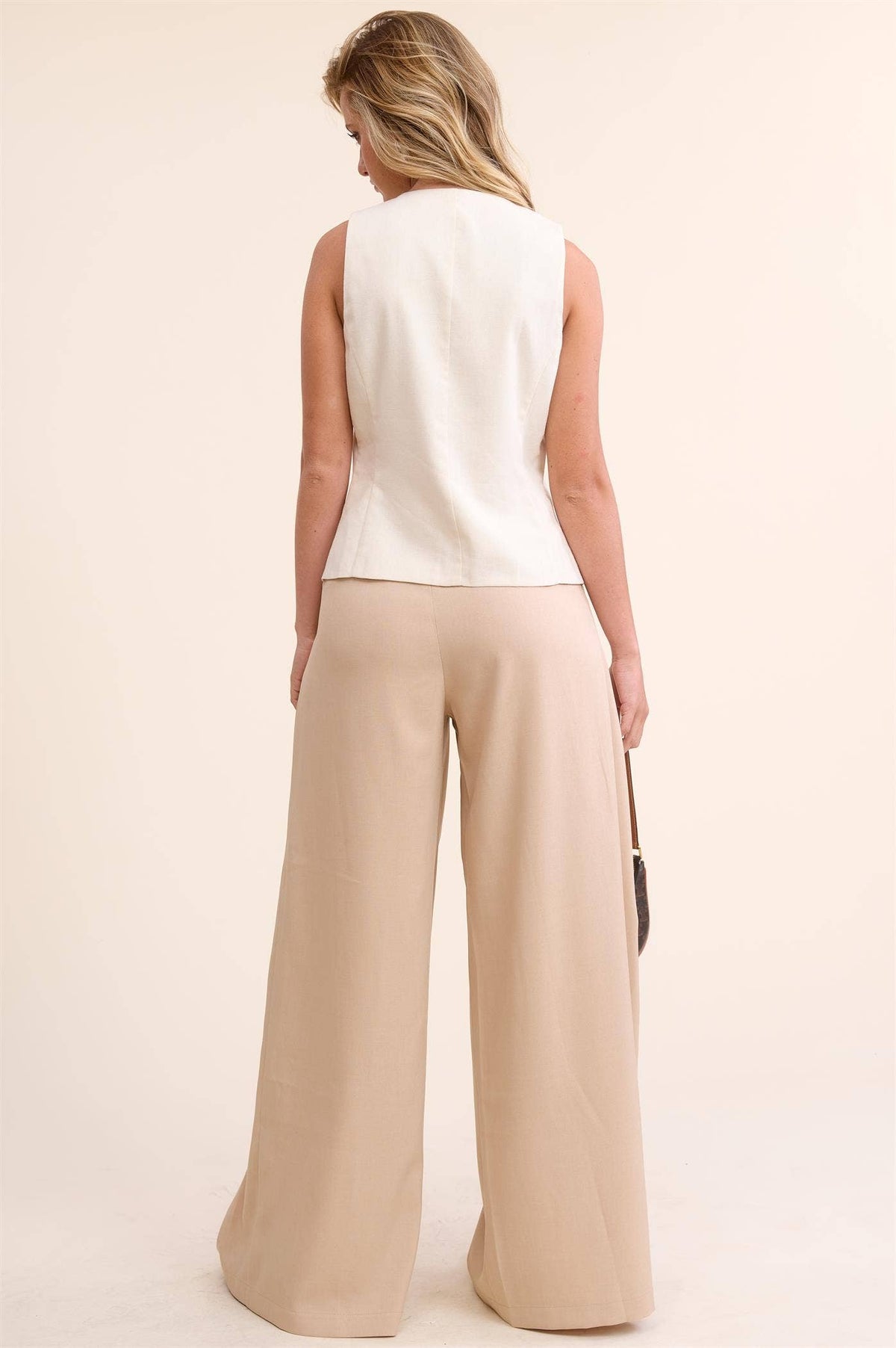 Trendy Low Waist  Wide Leg Pleated Trouser Pants: BEIGE / S