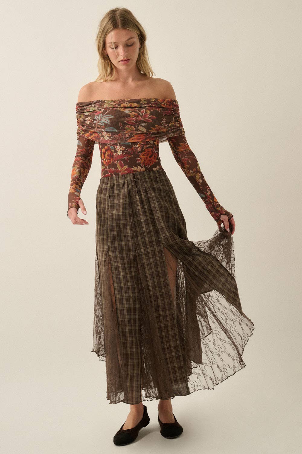 Plaid and Lace Godet Pleated A-Line High-Waist Maxi Skirt: Chocolate / M