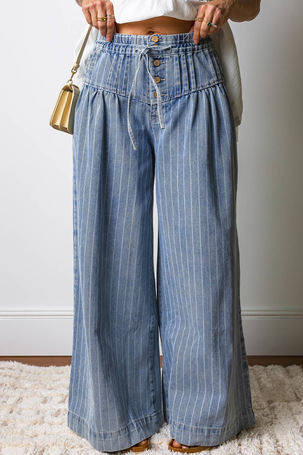 Stripe Button Pleated Drawstring Wide Leg Jeans | 4-16: Sky Blue Stripe / 12