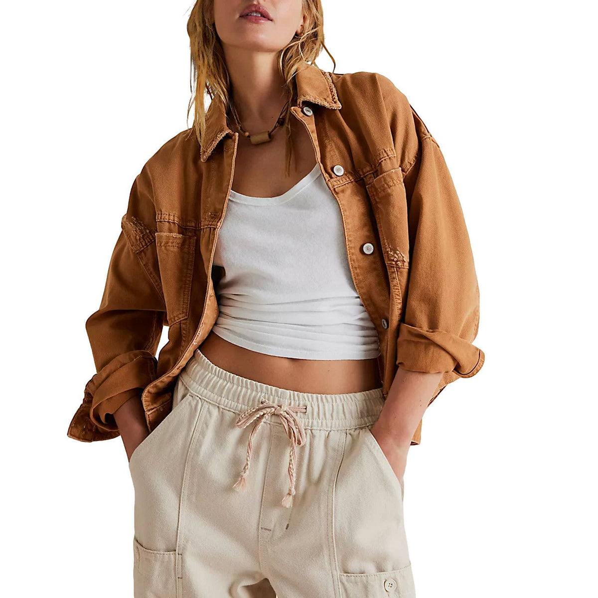 LOOSE STYLISH SOLID COLOR DENIM JACKET FOR WOMEN: BLUE / (M) 1