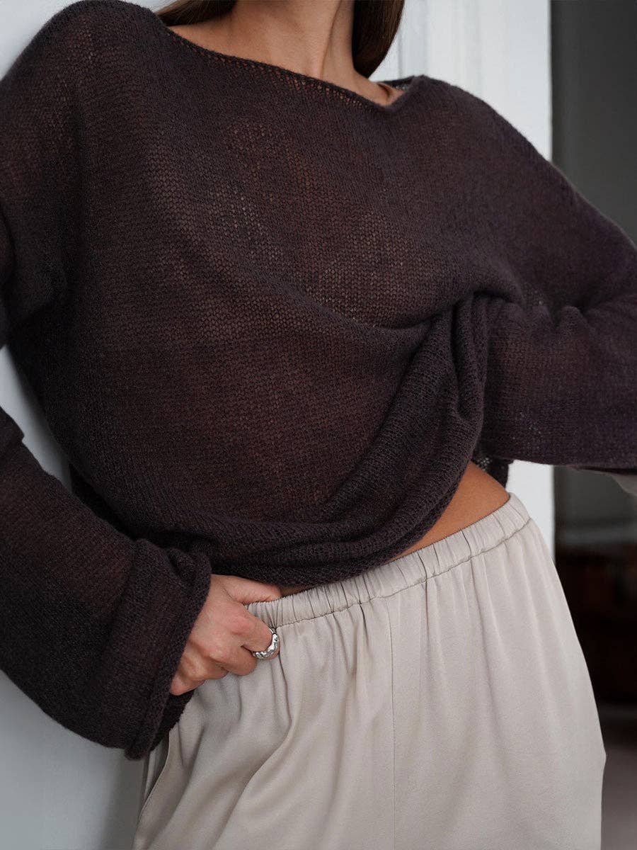 Ladies Solid Color Hollow Knit Top MY0106: Light Pink / M