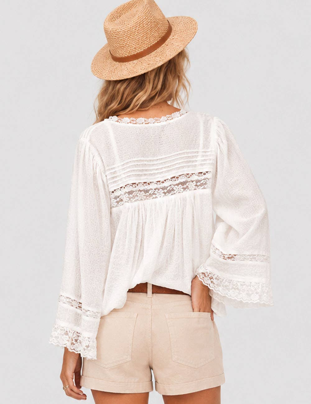 Ladies Solid Color Eyelets Ruffle Lace Blouse: Ivory / L