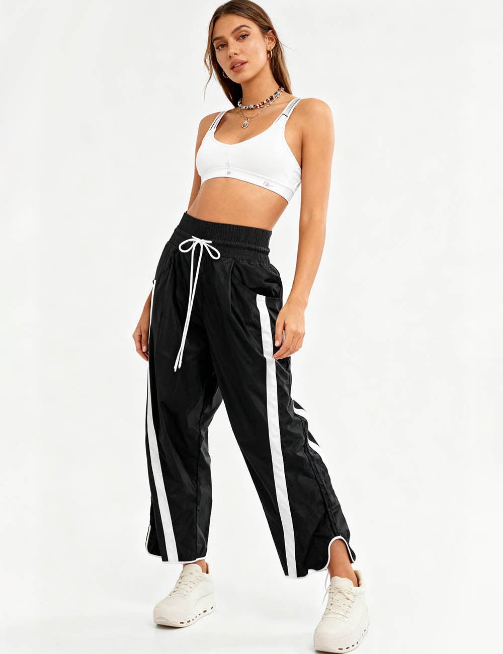 Ladies Color Block Striped Elastic Tie Waist Wide Leg Pants: Coffee / L