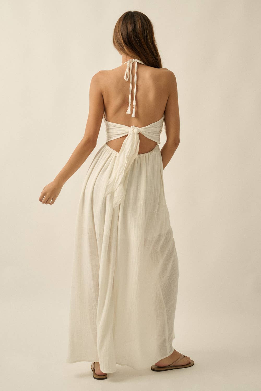 Cotton Gauze Tie-Back Halter Pocket Maxi Dress: Stone / L