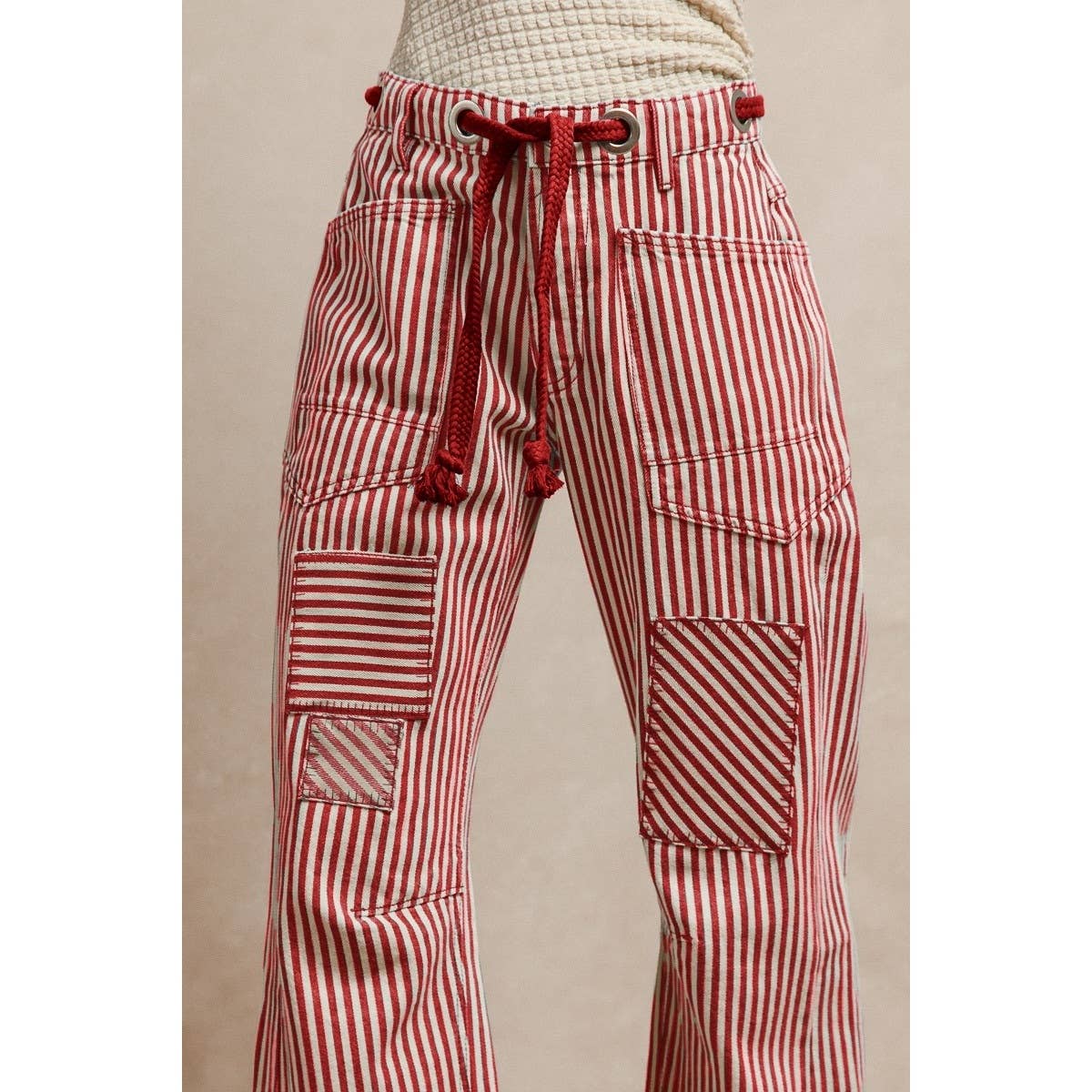 STRIPED TWILL BARREL PANTS: OATMEAL / S-M-L-XL(2-2-2-2)
