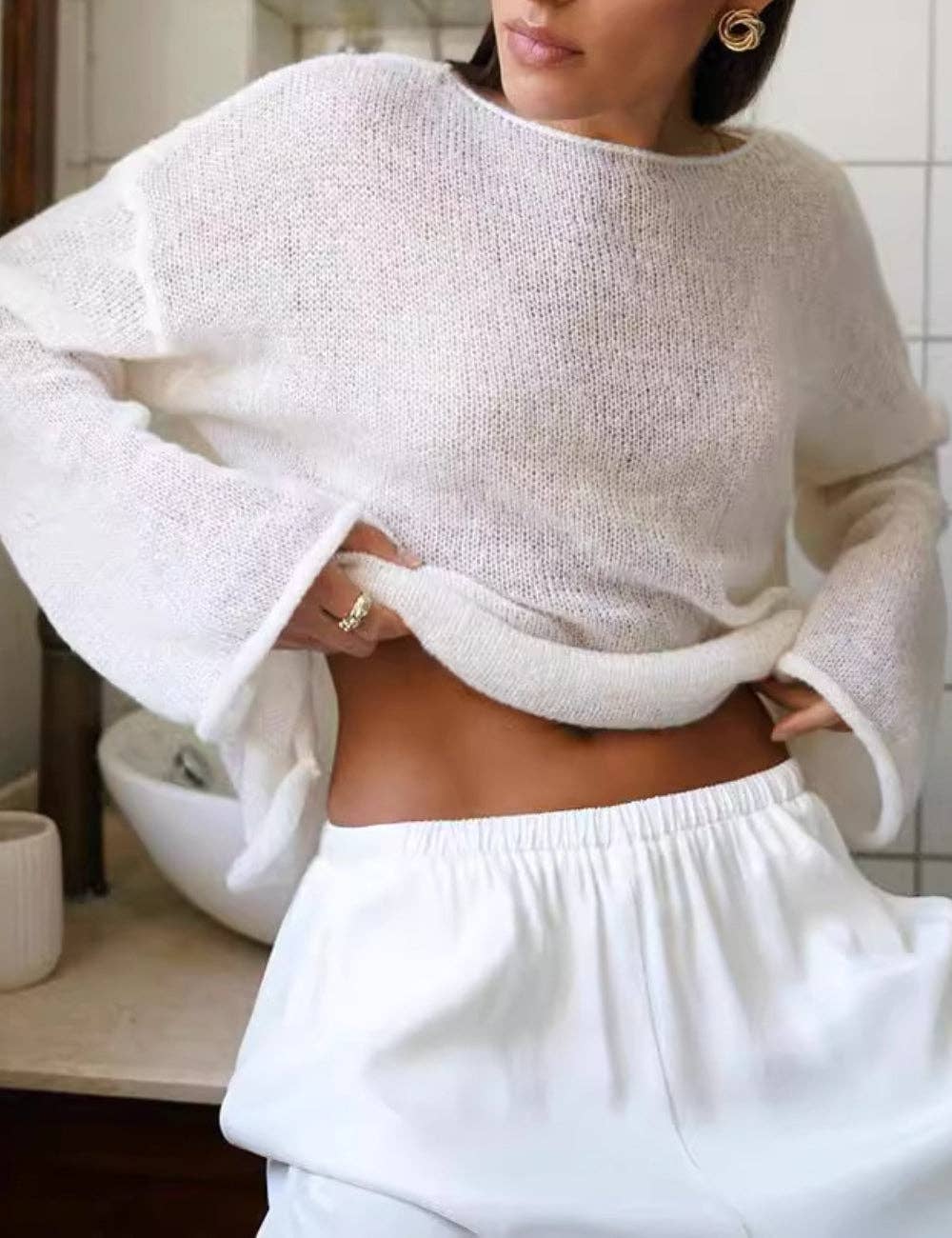 Ladies Solid Color Hollow Knit Top MY0106: Light Pink / M