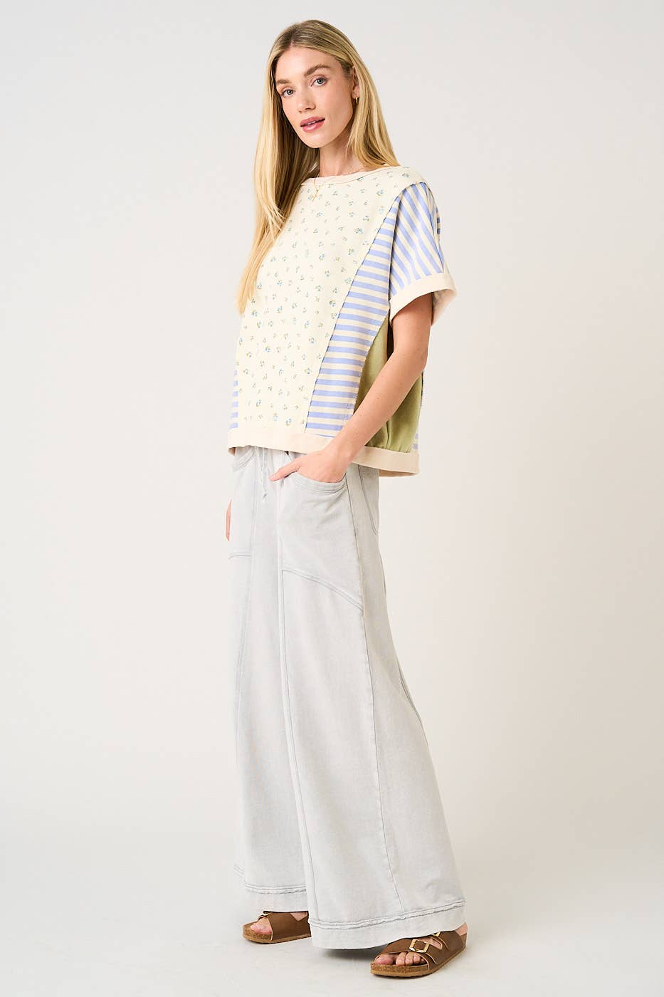 MINERAL WASH CURVED SEAM WIDE LEG PANTS: HAZELNUT / S-M-L(2-2-2)