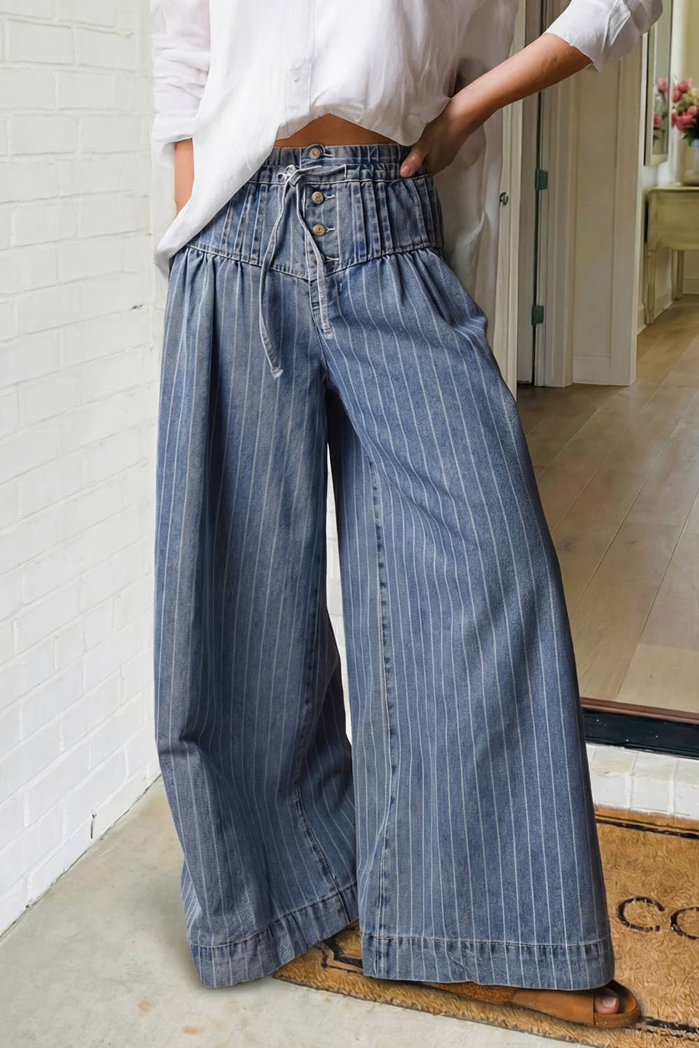 LAS Button Pleated Drawstring Striped  Wide Leg Jeans (S-XL): Sky Blue Stripe / Missy / 10