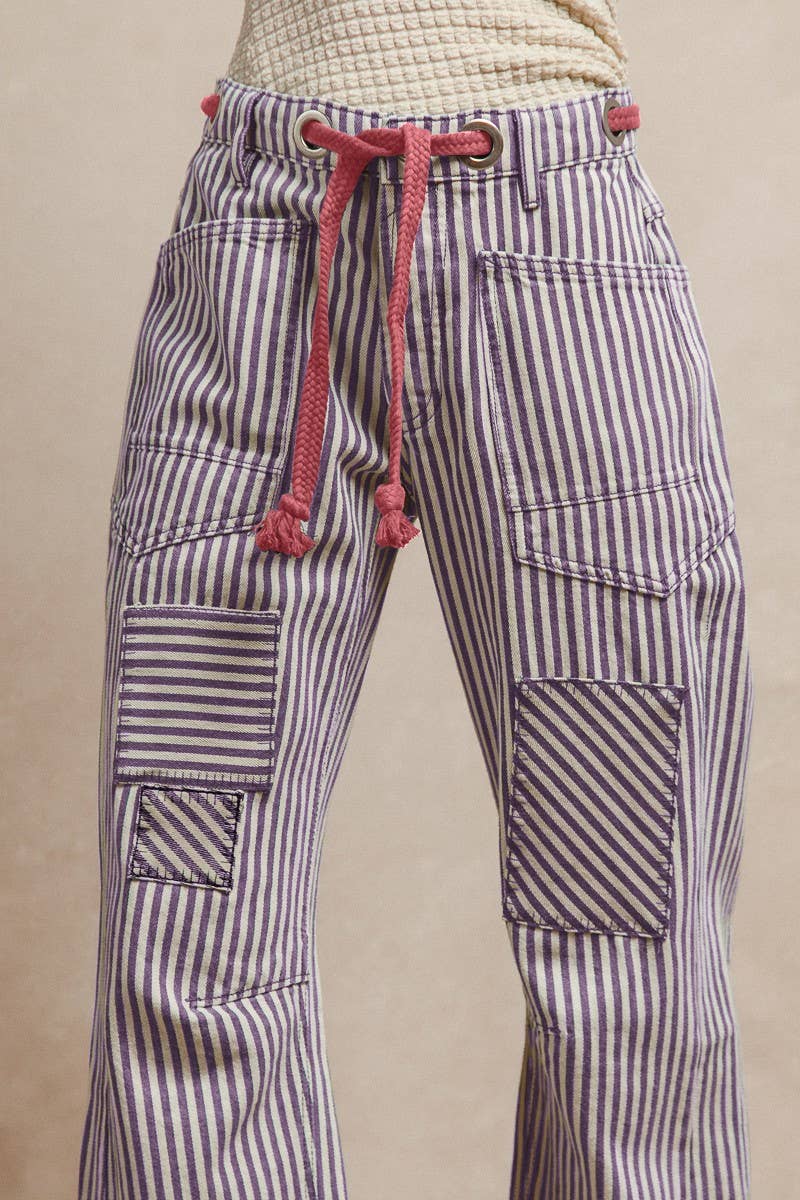 STRIPED TWILL BARREL PANTS: OATMEAL / S-M-L-XL(2-2-2-2)