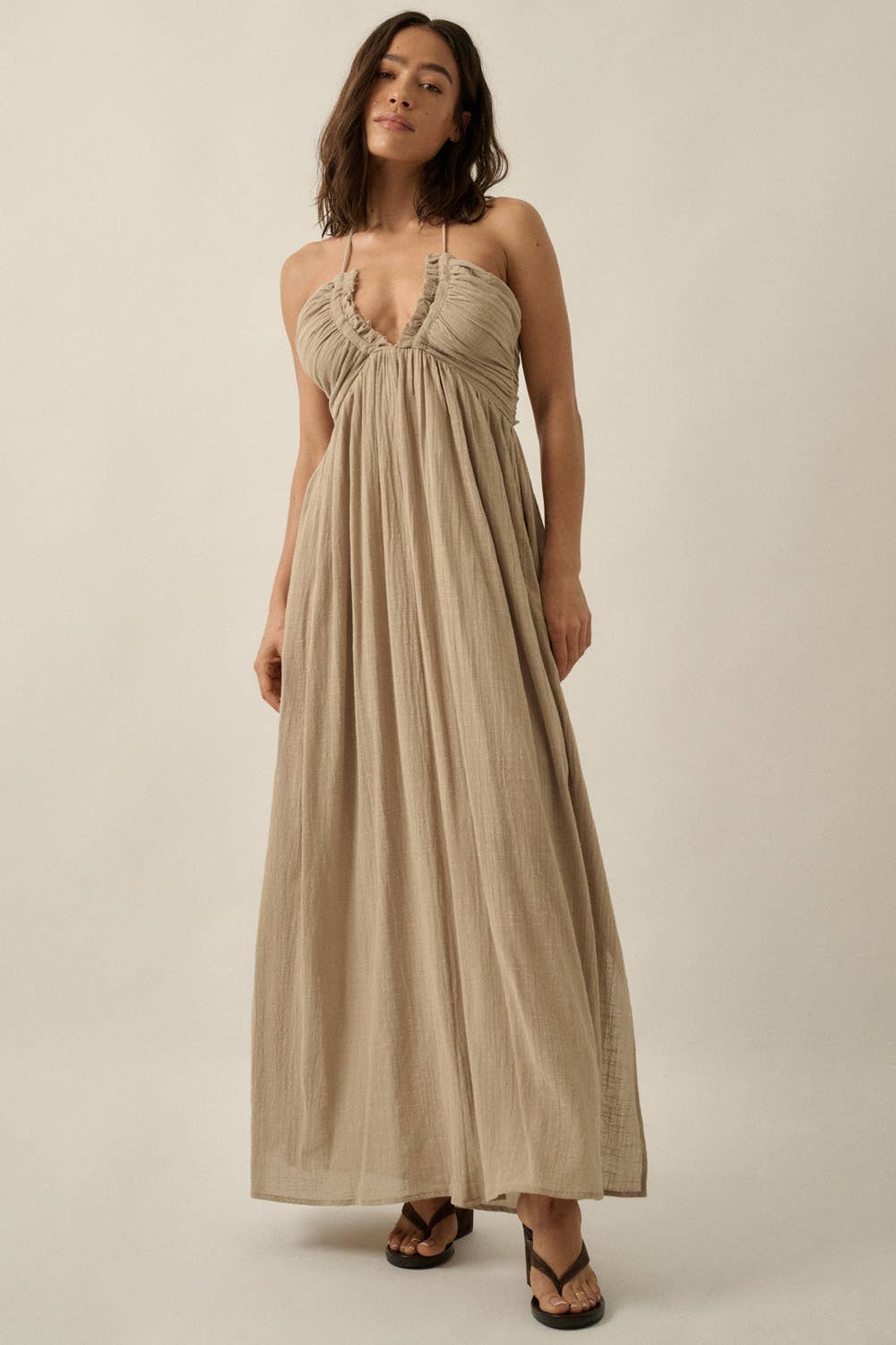 Cotton Gauze Tie-Back Halter Pocket Maxi Dress: Stone / L