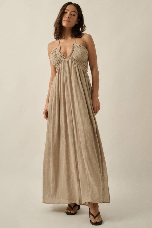 Cotton Gauze Tie-Back Halter Pocket Maxi Dress: Stone / L