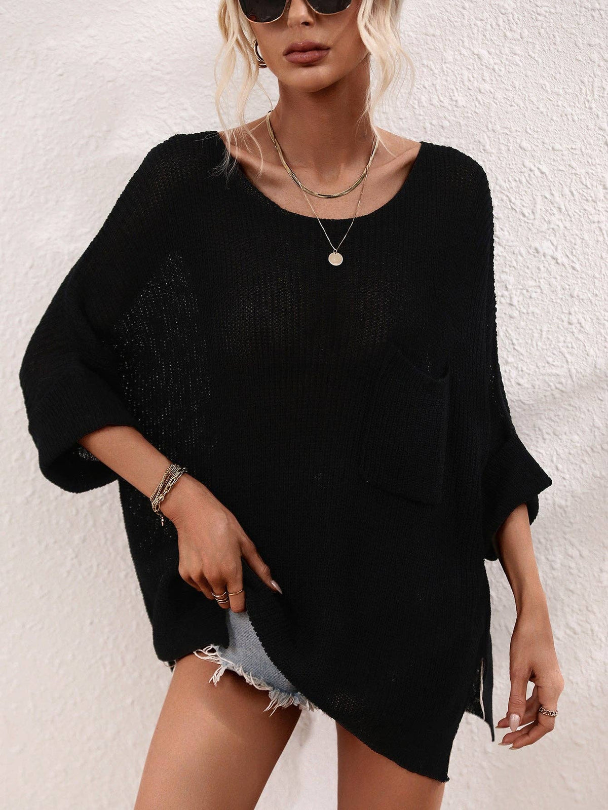 Ladies Mid Sleeves Hollow Out Daily Blouse E2290: Black / M