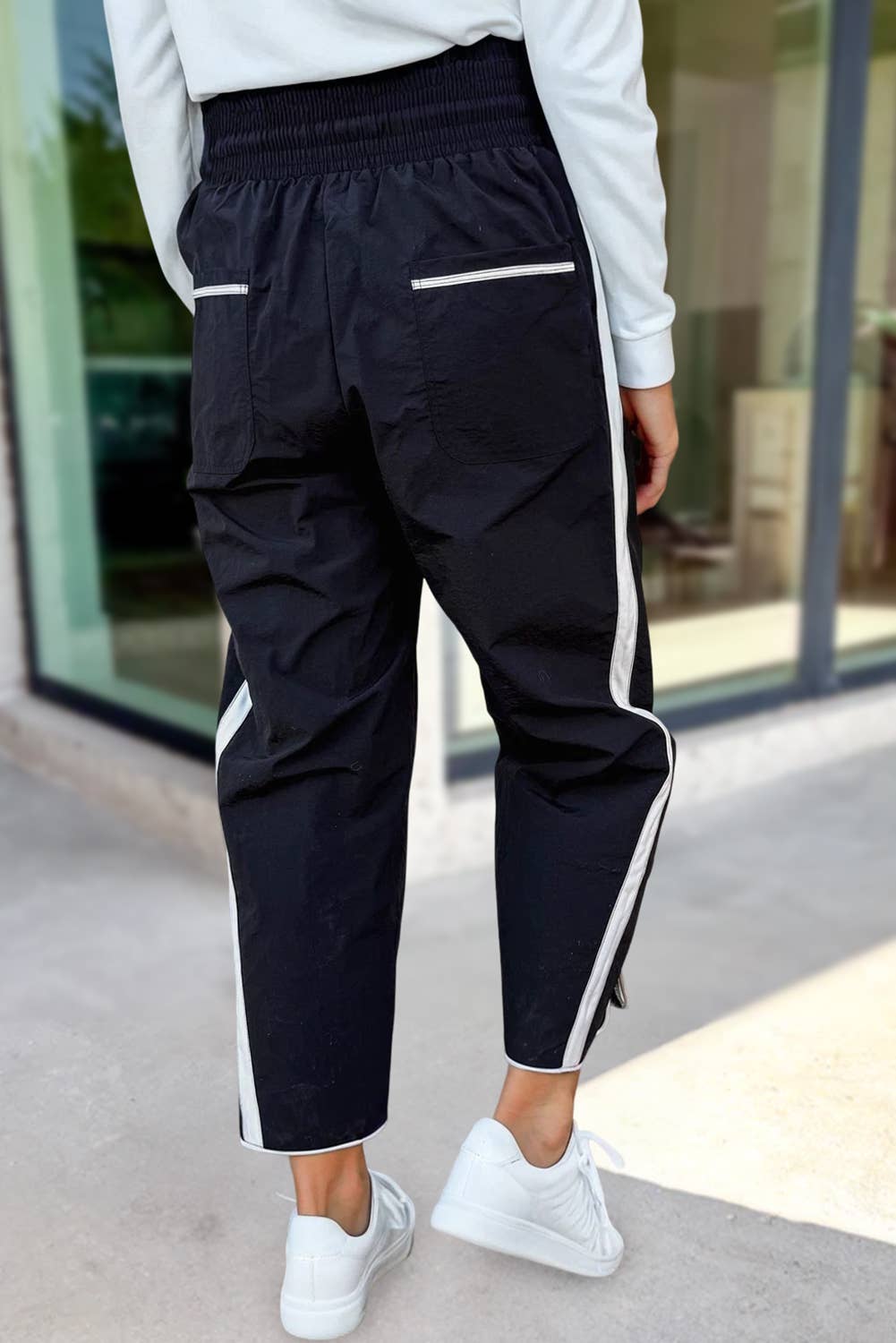 Stripe Smocked Waist Drawstring Cropped Pants | S-XL: Black / M
