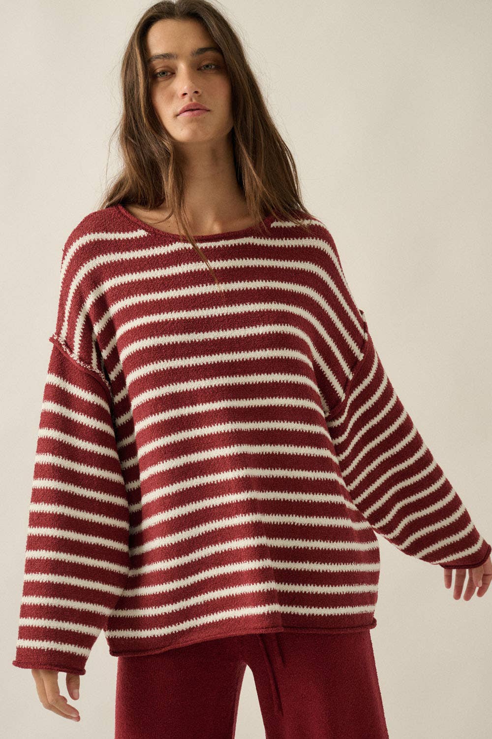 Striped Textured Knit Oversized Sweater: Choco-Blue / L