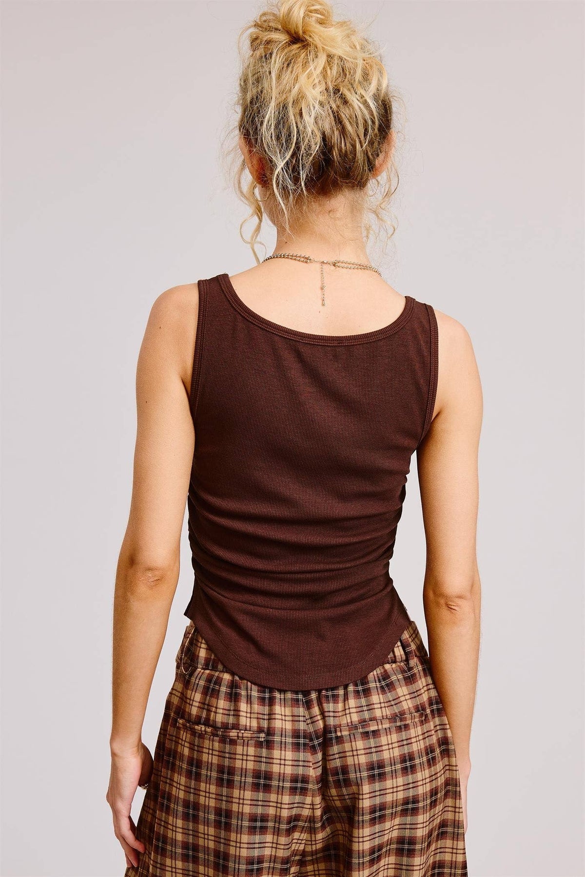Ruched Ribbed Knit Tank with Scoop Neck: Grey / L