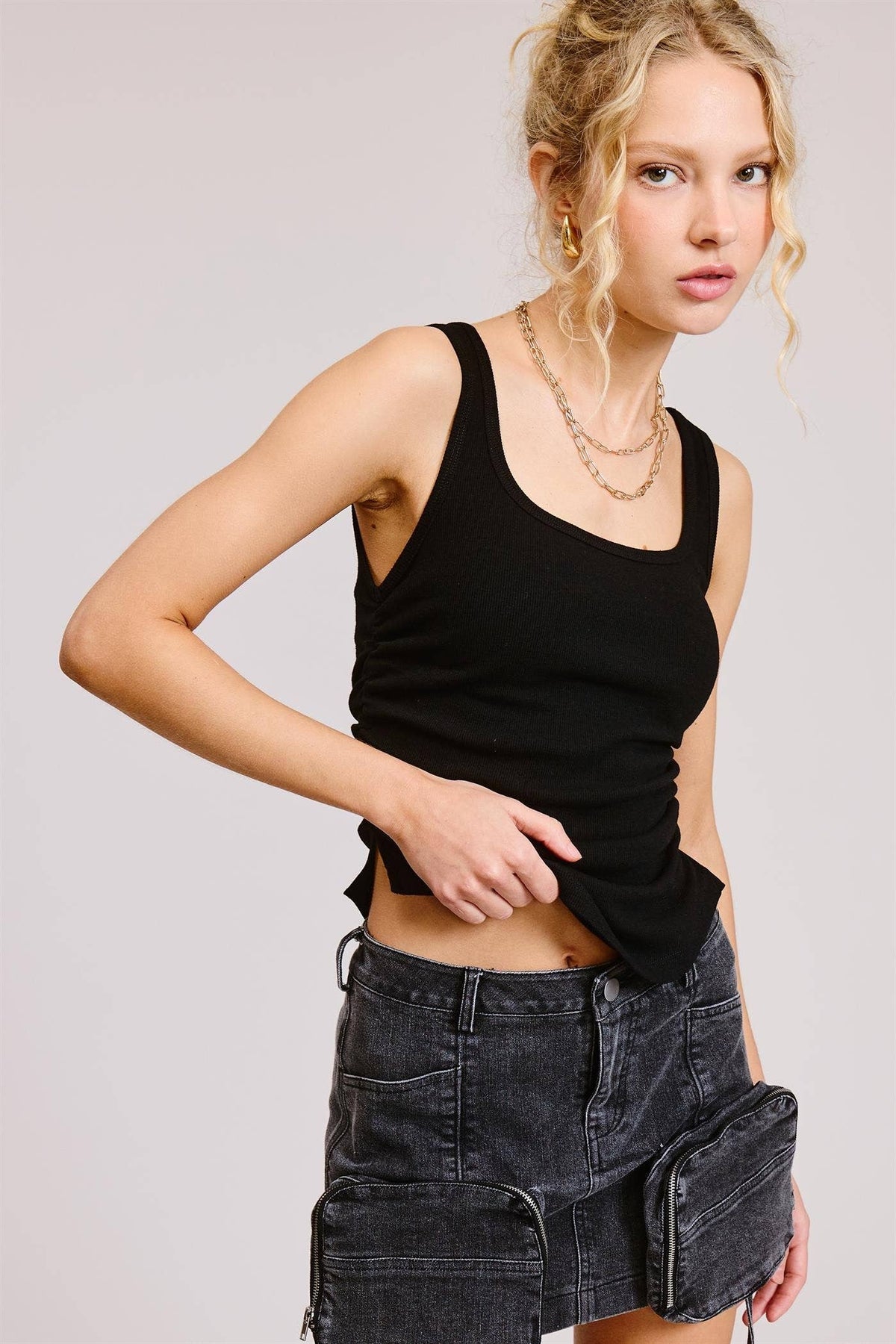 Ruched Ribbed Knit Tank with Scoop Neck: Grey / S