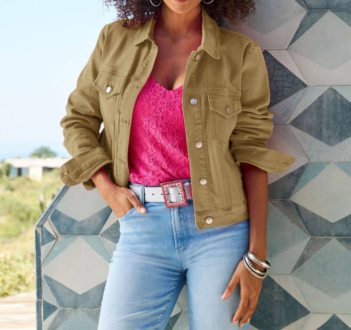 Solid color slim cropped denim jacket casual jacket: White / (XL) 1