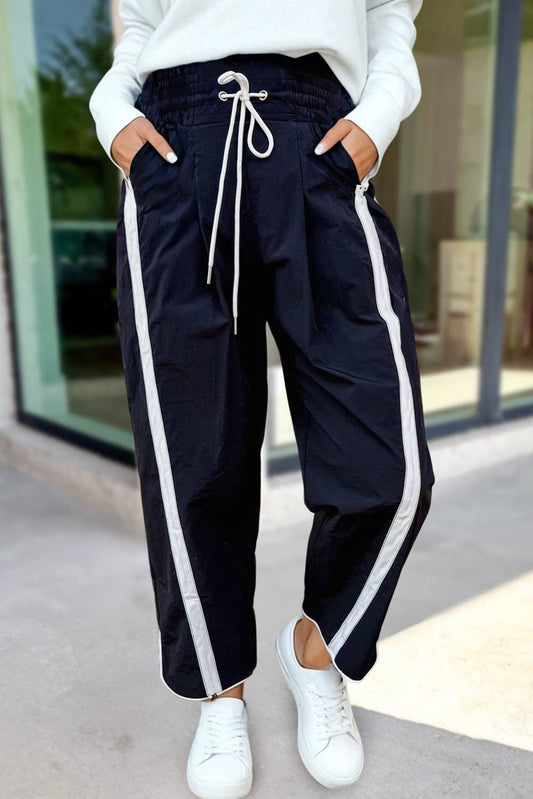Stripe Smocked Waist Drawstring Cropped Pants | S-XL: Black / S