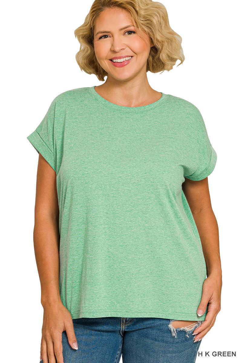 ,..._ Plus size Cotton Folded Sleeve T Shirt: +WHITE-173980 / 1X