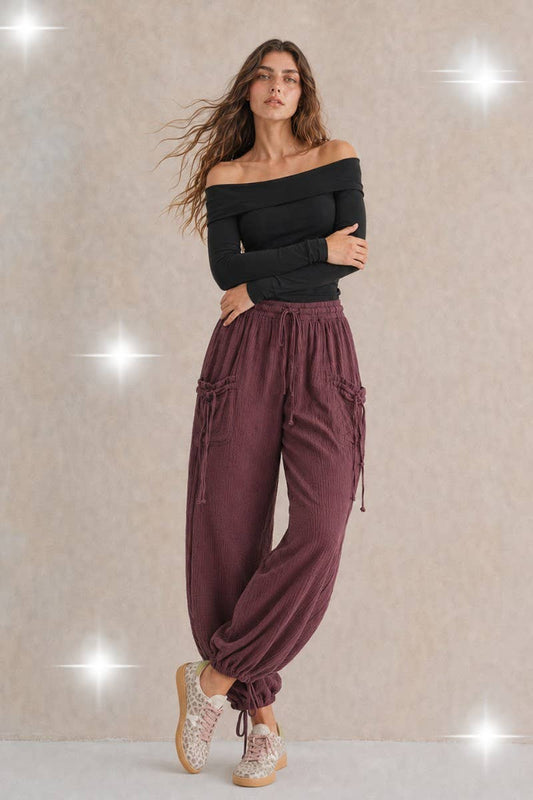 VINTAGE GAUZE JOGGER PANTS: MERLOT / XL