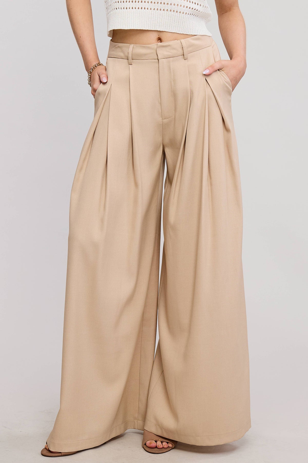 Trendy Low Waist  Wide Leg Pleated Trouser Pants: BEIGE / L