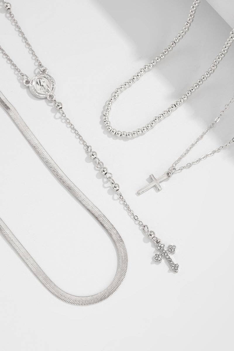 Layered Cross Pendant Necklace: SILVER / One Size
