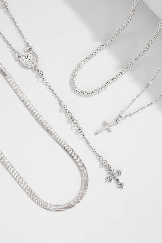 Layered Cross Pendant Necklace: SILVER / One Size