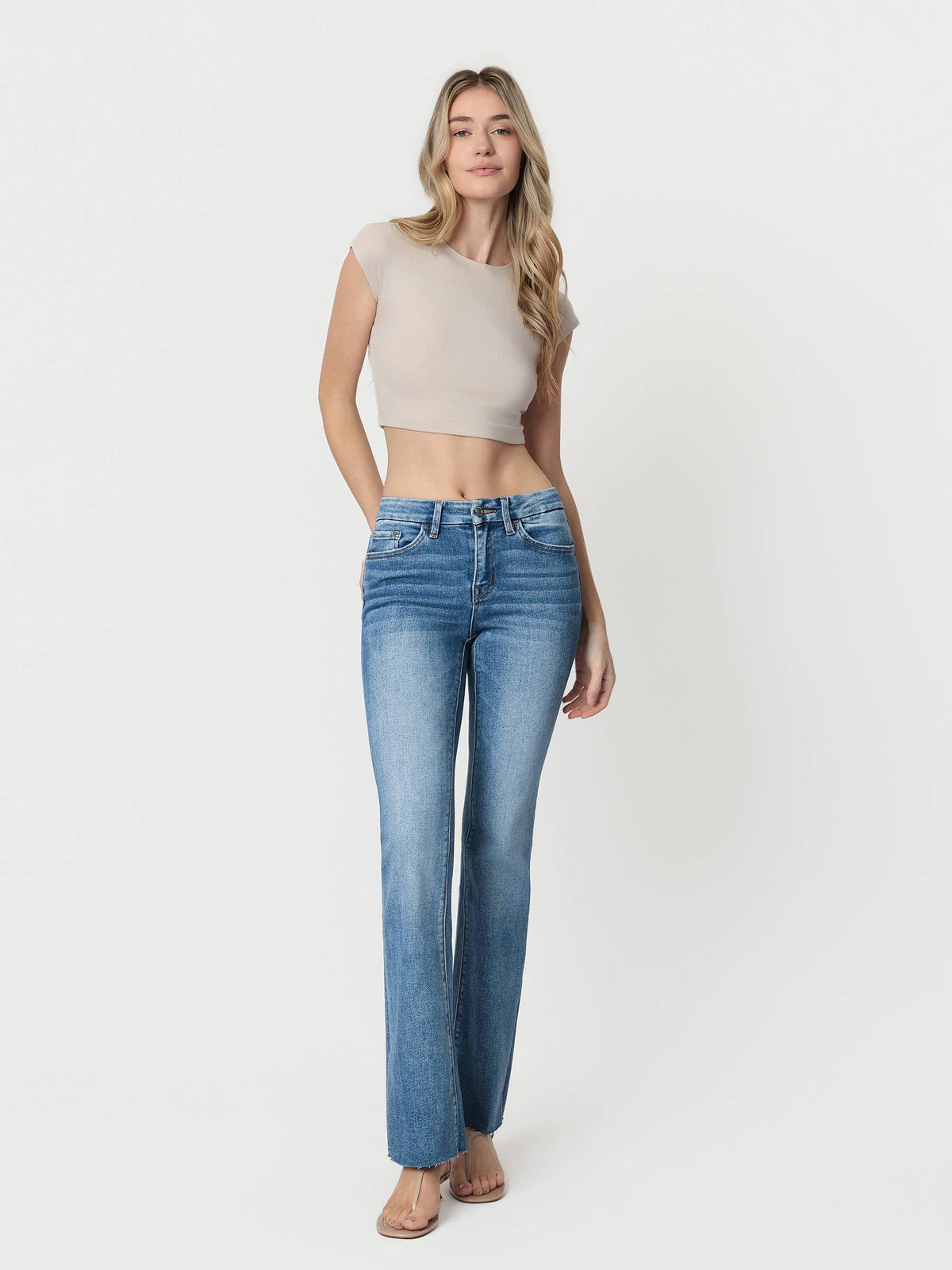 MID RISE SEAMLESS WAISTBAND BOOTCUT JEANS T6217: FLORES SEA / 27