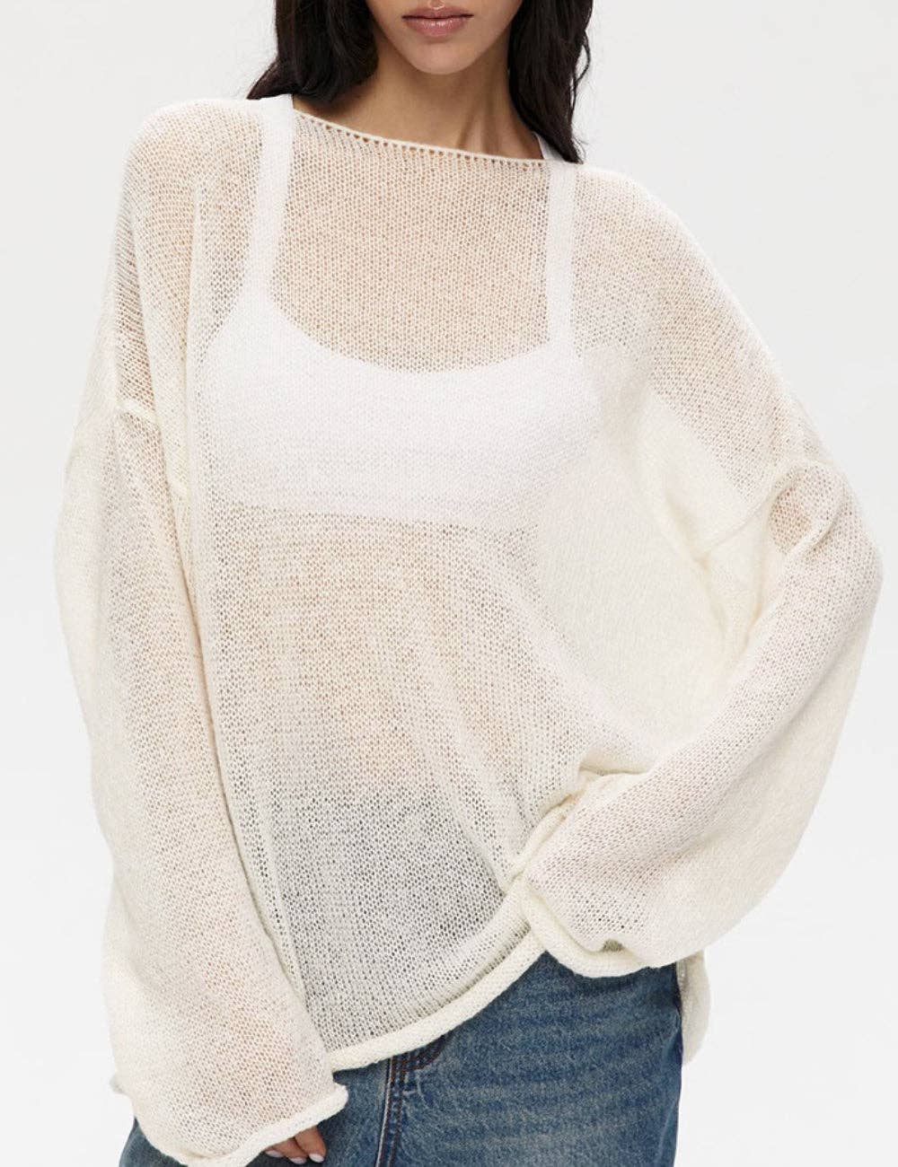 Ladies Solid Color Hollow Knit Top MY0106: Light Pink / L