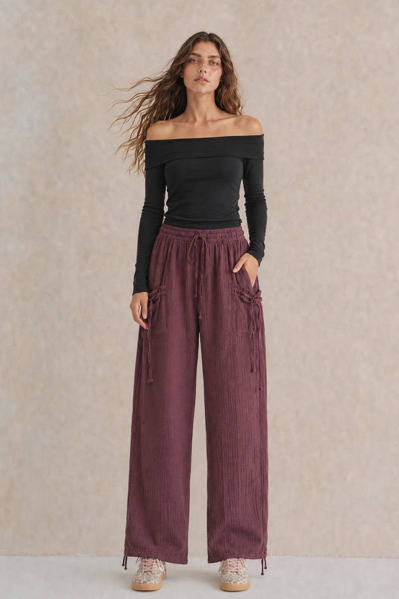 VINTAGE GAUZE JOGGER PANTS: MERLOT / M