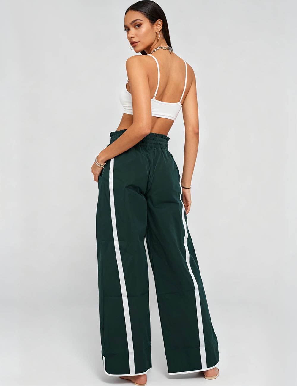 Ladies Color Block Striped Elastic Tie Waist Wide Leg Pants: Dark Green / S