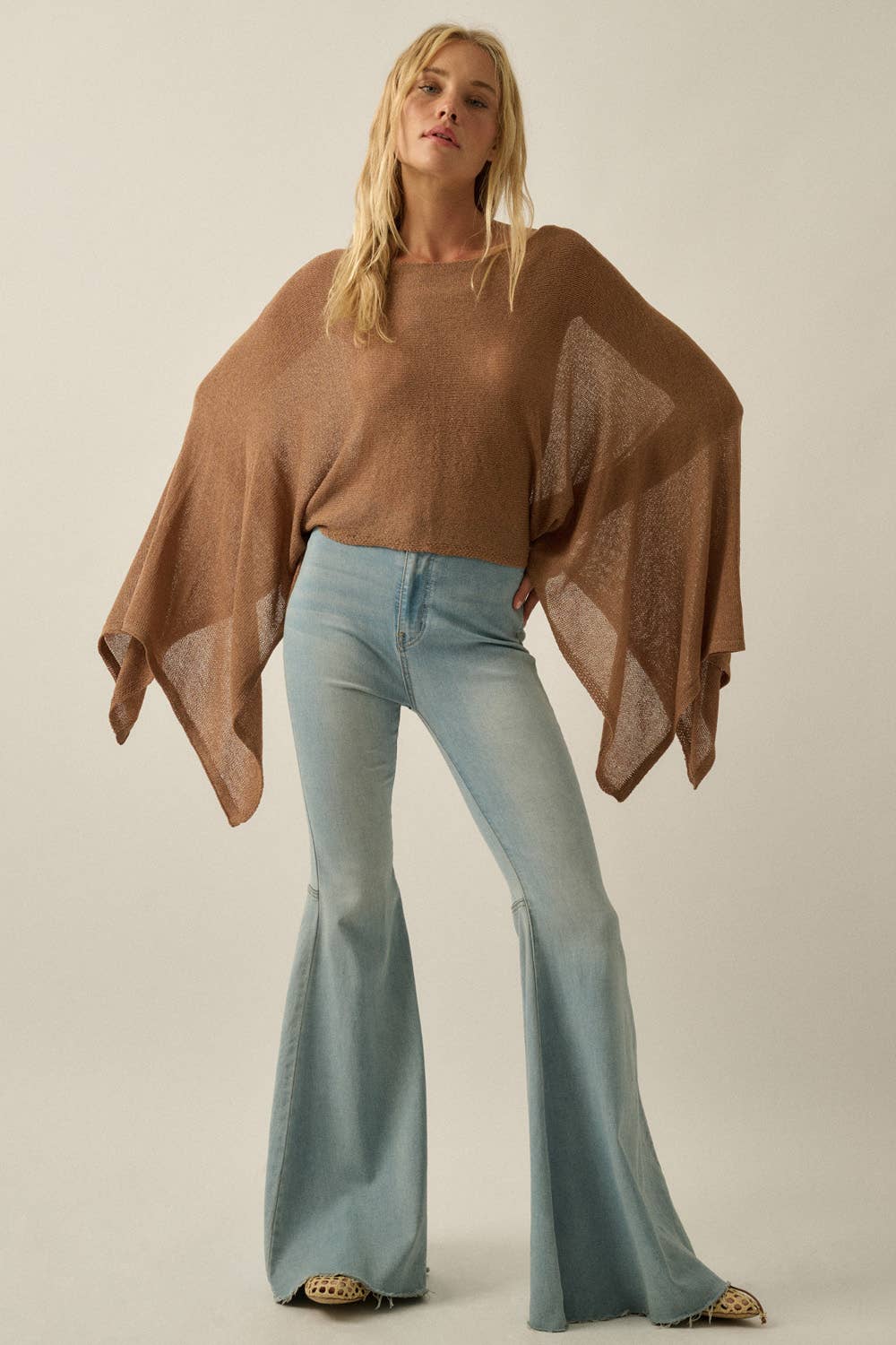 Sheer Lightweight Knit Cropped Poncho Sweater: Off White / S