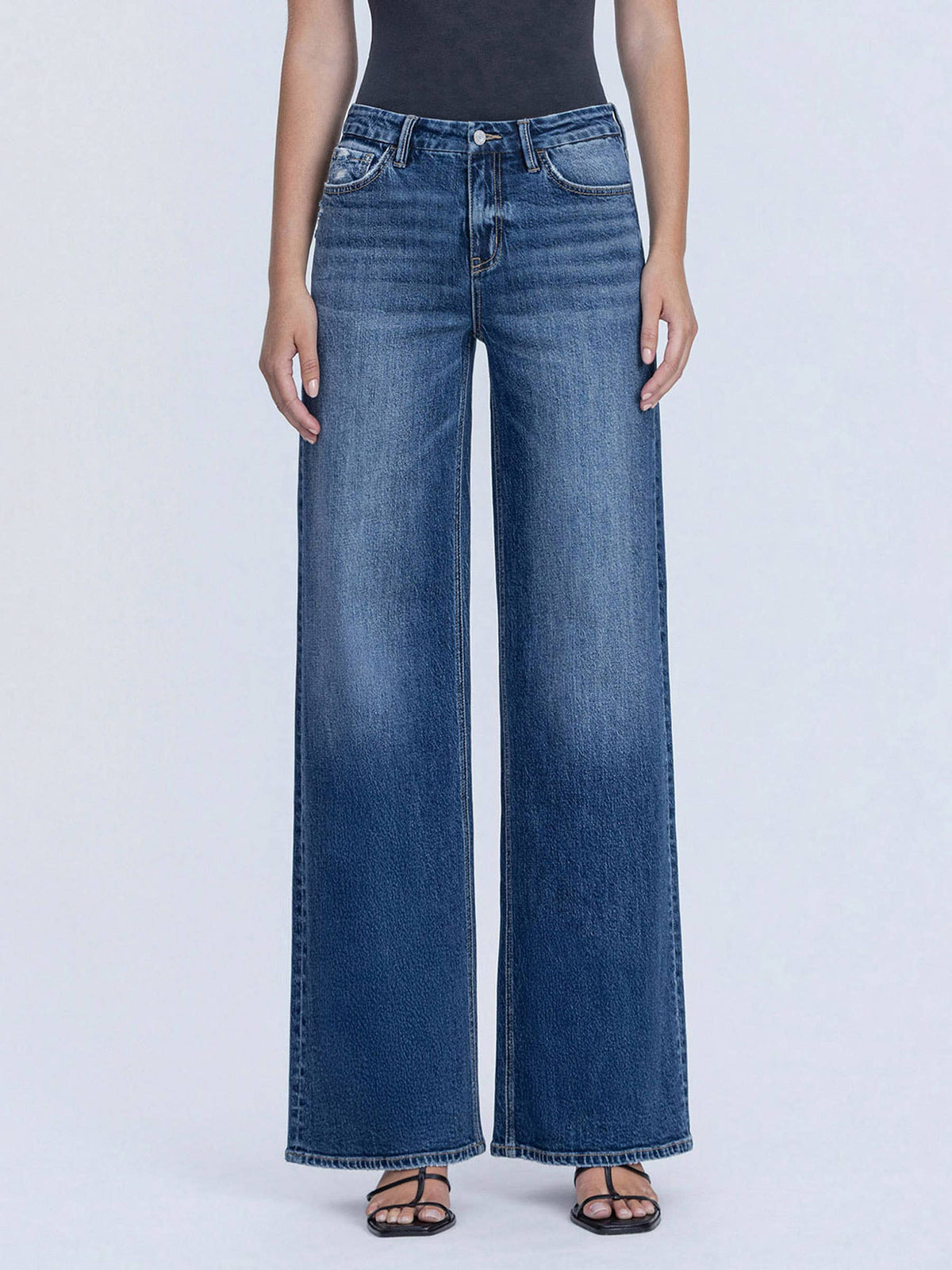 HIGH RISE DARK SEAMLESS WAISTBAND WIDE LEG JEANS T7148: NICEST / 31