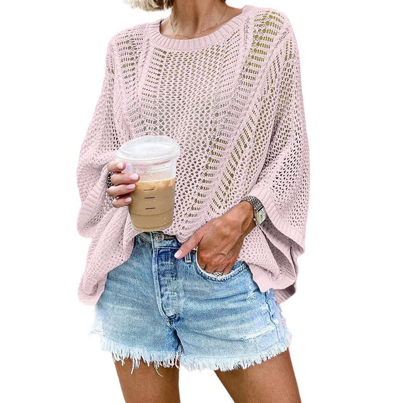 Ladies Bat Sleeves Hollow Out Knit Blouse 22065: White / L