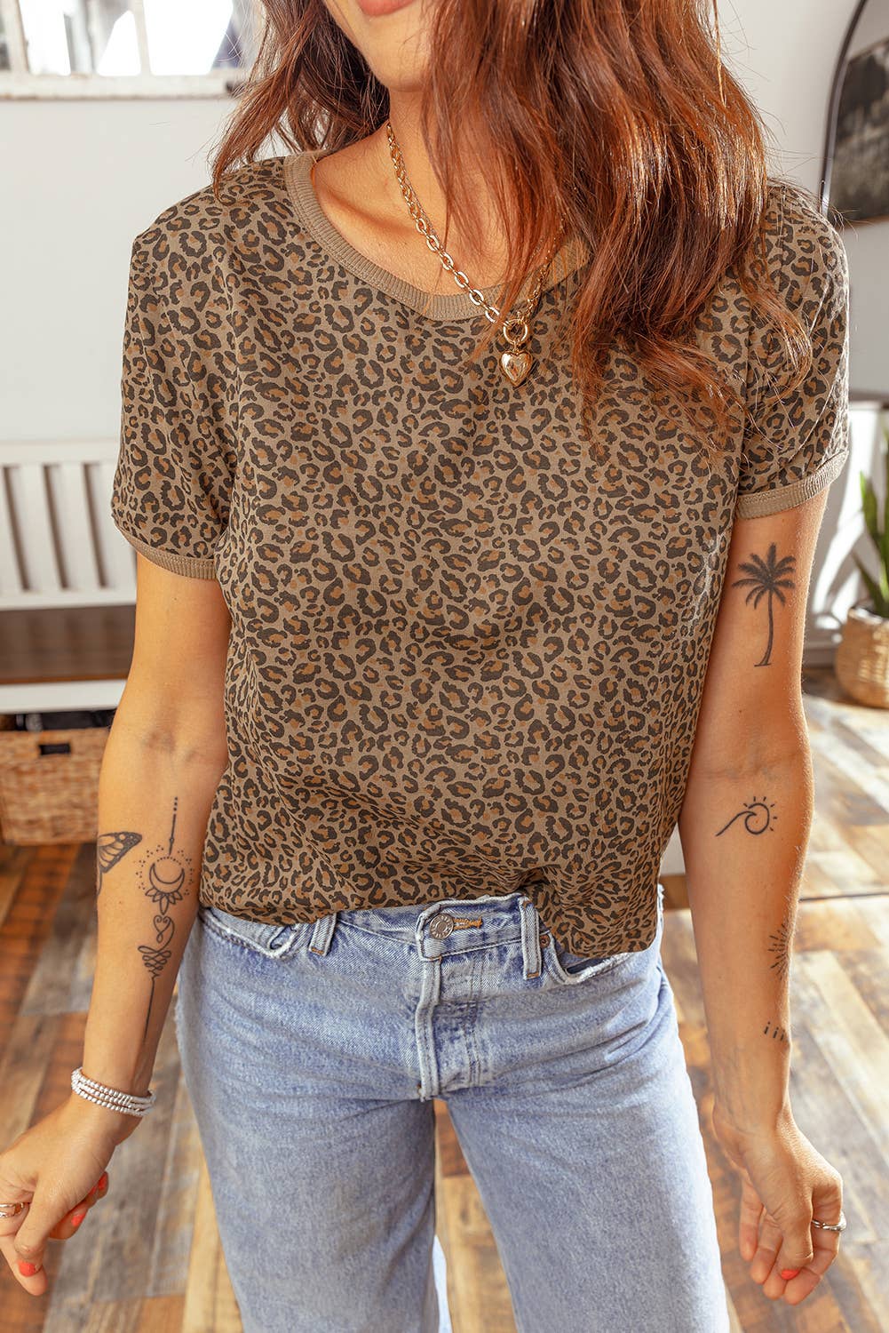 66 Plus Size Leopard Print Ribbed Trim Round Neck Tee (S-4X): Brown / M