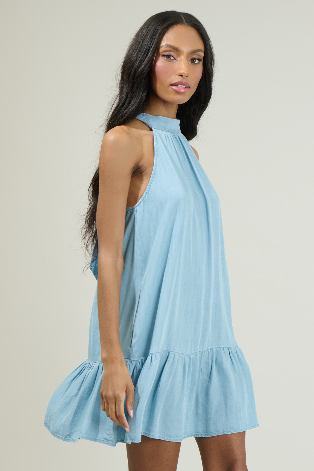 Laly Chambray Mini Ruffle Dress: LIGHT-CHAMBRAY / XL