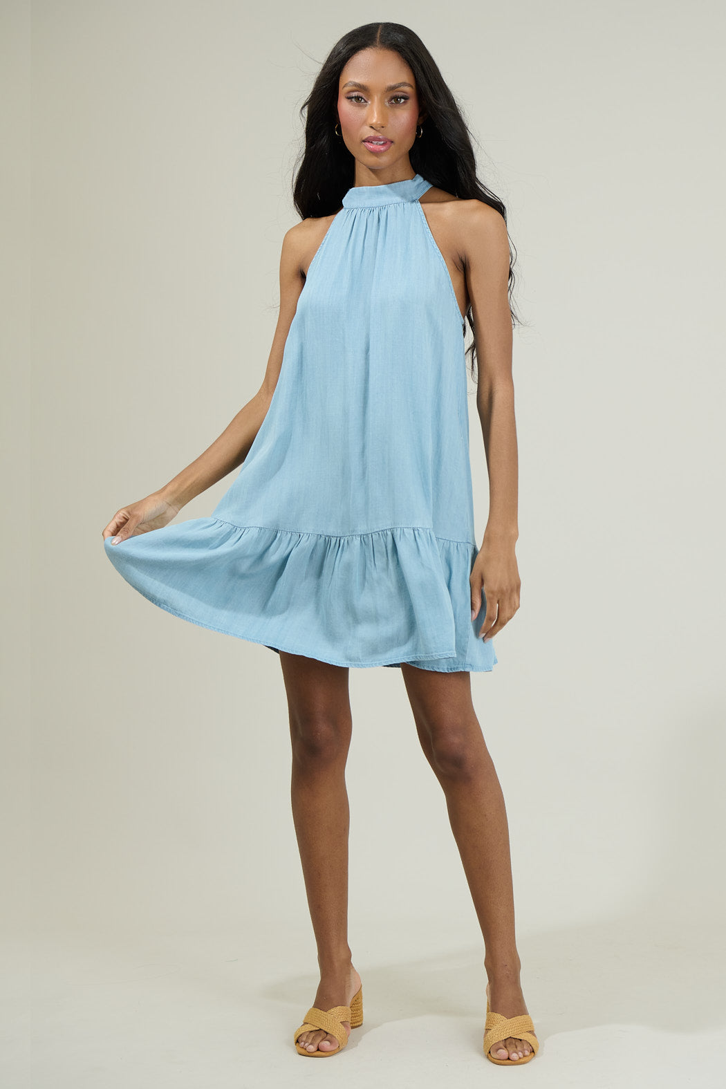 Laly Chambray Mini Ruffle Dress: LIGHT-CHAMBRAY / XL
